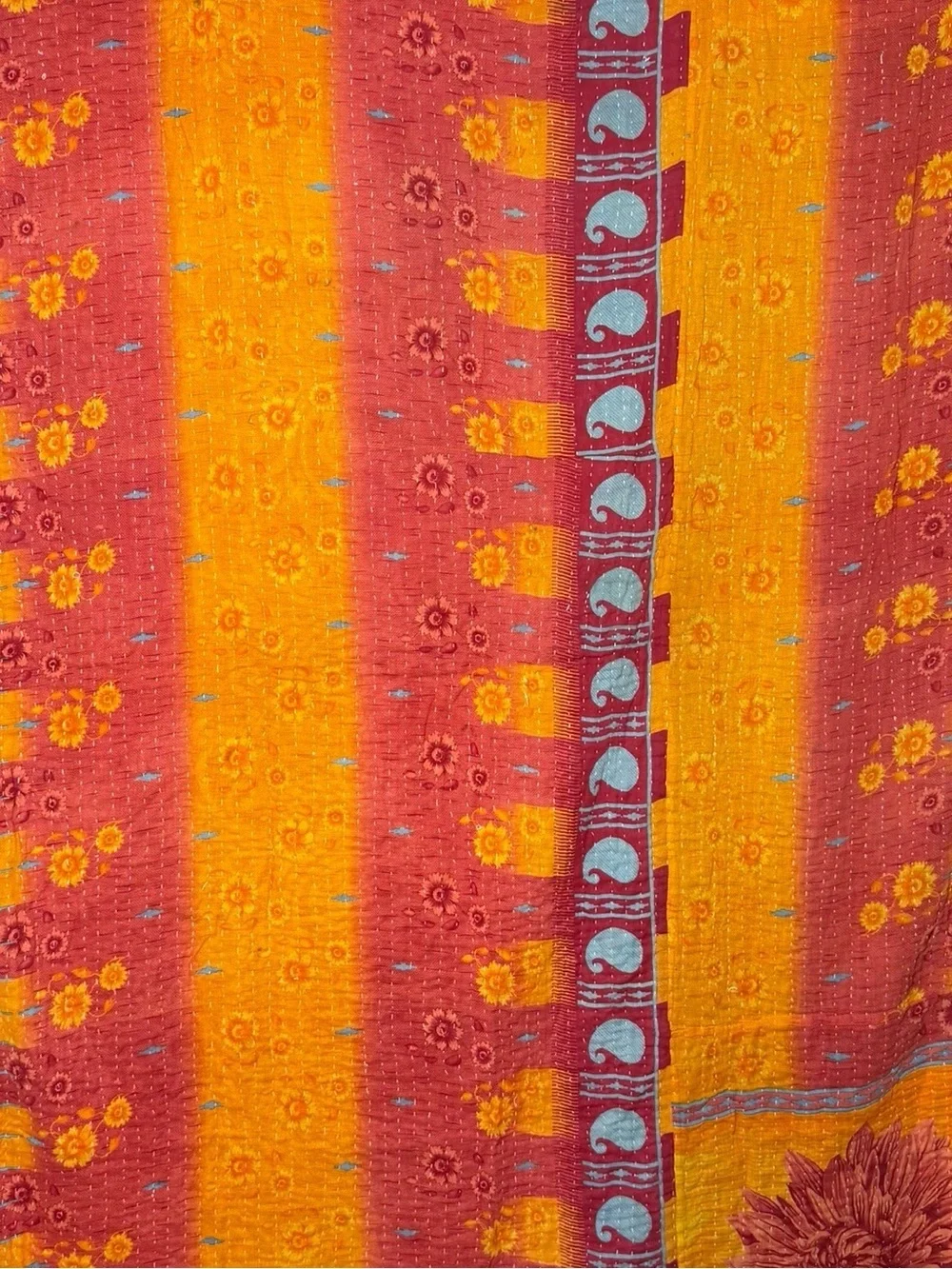 Vintage Handmade Printed Kantha Quilt India Sari Throw Blanket Twin 52x80